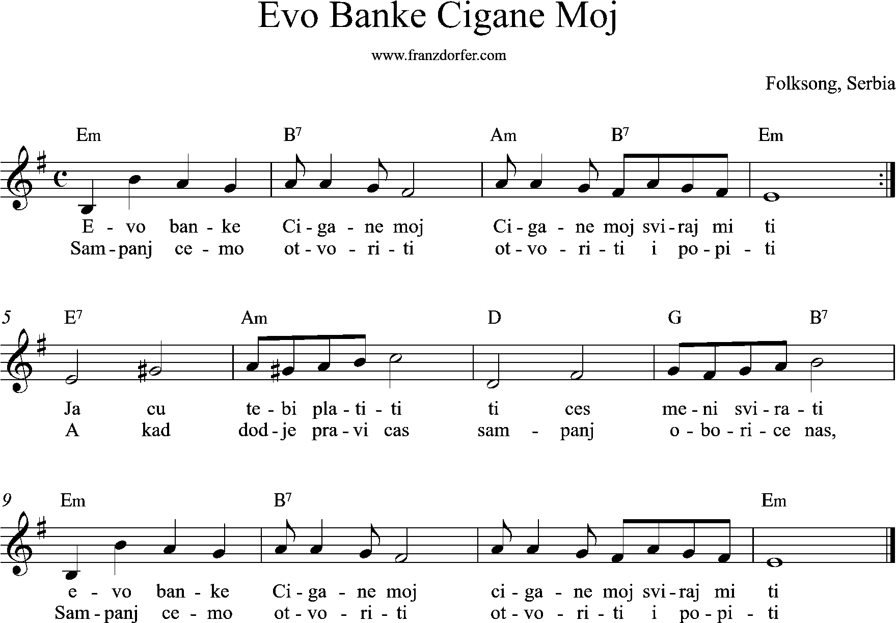 e-minor, sheetmusic, Evo Banke Cigane Moj